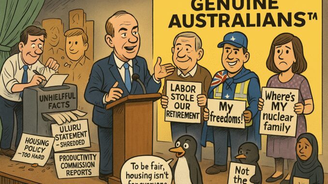 Political cartoon highlighting Australian election slogans and promises.