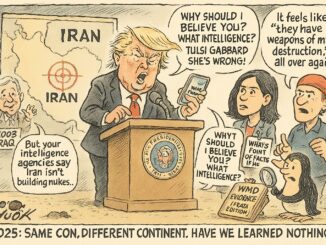 A political cartoon contrasting Trump and a woman on Iran policy.