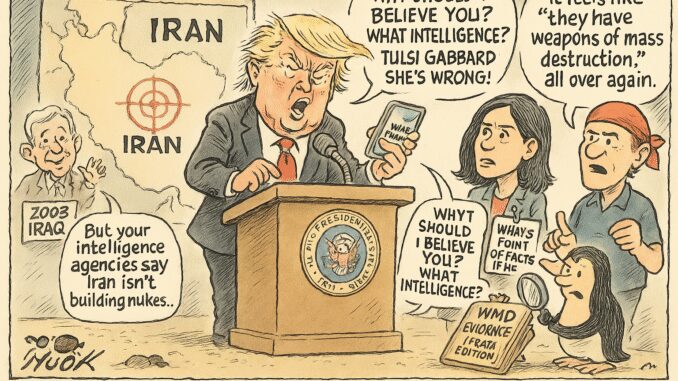 A political cartoon contrasting Trump and a woman on Iran policy.