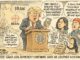 A political cartoon contrasting Trump and a woman on Iran policy.