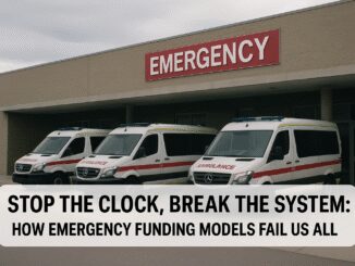 Ambulances parked outside an emergency room with a message about funding failures.