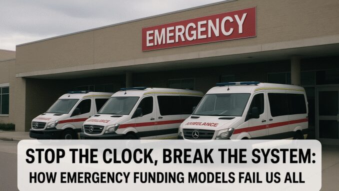 Ambulances parked outside an emergency room with a message about funding failures.