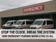 Ambulances parked outside an emergency room with a message about funding failures.