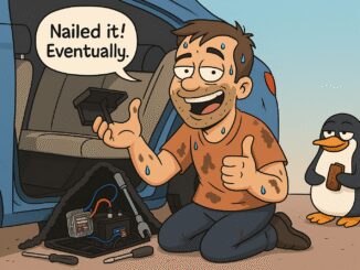 A happy man holding a nail gun with a thumbs-up, saying "Nailed it! Eventually."