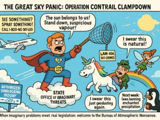 Comic illustrating a panic over contrail clampdown with exaggerated claims and humor.