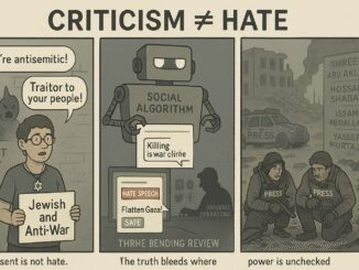 Illustration contrasts criticism with hate, highlighting social algorithm biases.