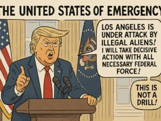 Comic-style image of a man resembling a political figure giving a speech.
