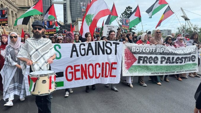 Protesters holding banners against genocide and advocating for boycott and freedom. Protesters holding banners against genocide and advocating for boycott and freedom.