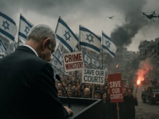 Protest scene with flags and signs.