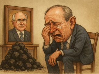 Man crying beside coal and framed portrait.