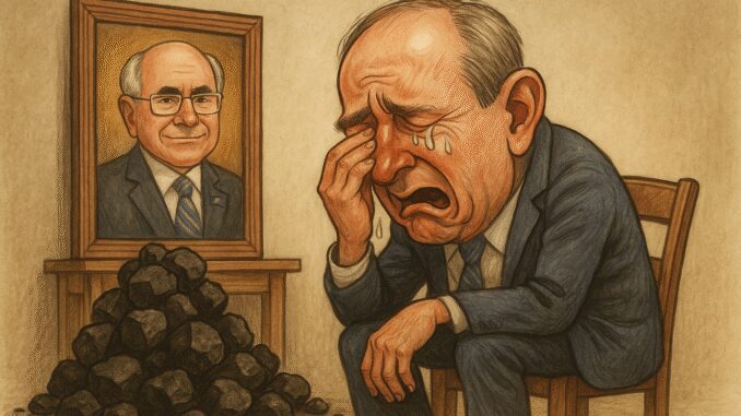 Man crying beside coal and framed portrait.