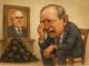 Man crying beside coal and framed portrait.