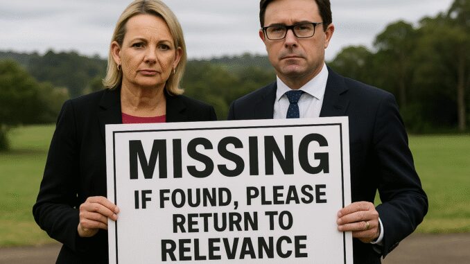 Two people holding "Missing" sign outdoors.
