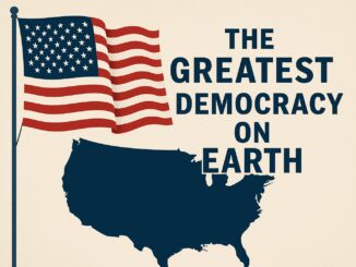 A patriotic graphic featuring the USA map and flag with bold text about democracy.