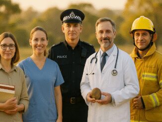 Four professionals from healthcare, police, and firefighting standing together outdoors.