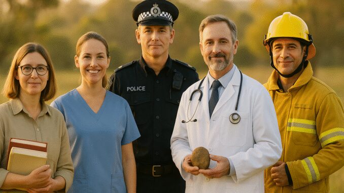 Four professionals from healthcare, police, and firefighting standing together outdoors.