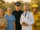 Four professionals from healthcare, police, and firefighting standing together outdoors.