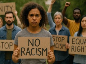 Protesters holding signs against racism at a rally.