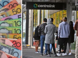 People queue outside a Centrelink office with colorful Australian banknotes nearby.
