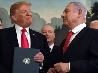 Donald Trump and Benjamin Netanyahu exchanging a look during a formal event.