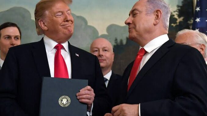 Donald Trump and Benjamin Netanyahu exchanging a look during a formal event. Donald Trump and Benjamin Netanyahu exchanging a look during a formal event.