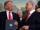 Donald Trump and Benjamin Netanyahu exchanging a look during a formal event.