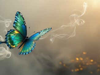 A vibrant blue and green butterfly in flight against a smoky background.