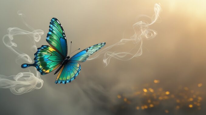 A vibrant blue and green butterfly in flight against a smoky background. A vibrant blue and green butterfly in flight against a smoky background.