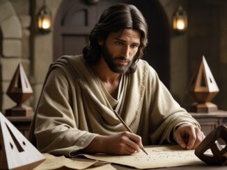 A man with long hair and beard writing on parchment.