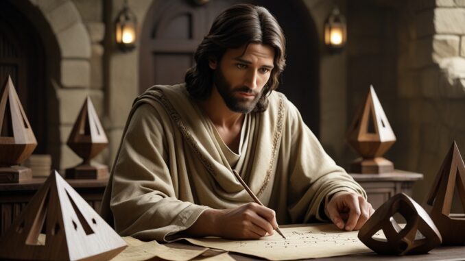A man with long hair and beard writing on parchment. A man with long hair and beard writing on parchment.