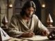 A man with long hair and beard writing on parchment.