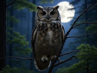 A great horned owl perched on a branch at night with a full moon.