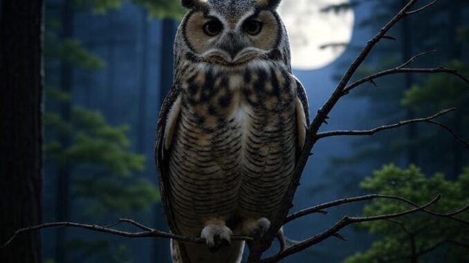 A great horned owl perched on a branch at night with a full moon.