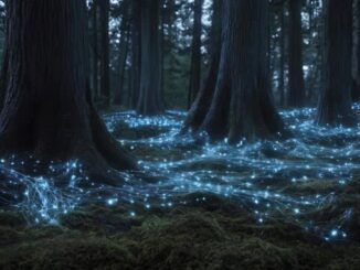 A dark forest floor glowing with ethereal blue lights resembling fireflies.
