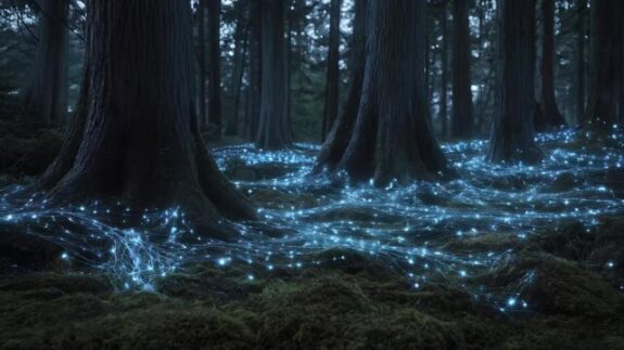A dark forest floor glowing with ethereal blue lights resembling fireflies. A dark forest floor glowing with ethereal blue lights resembling fireflies.