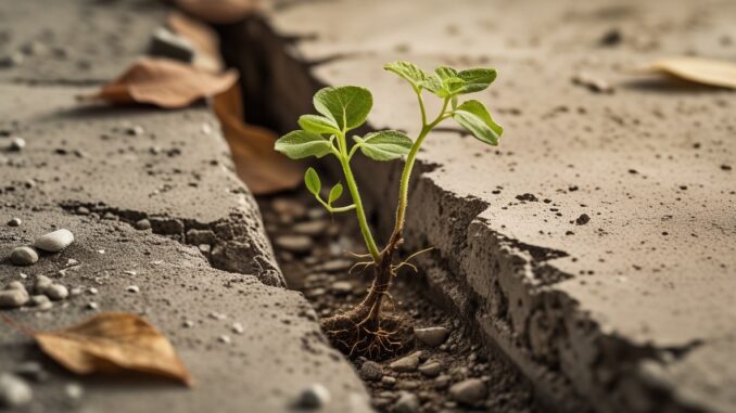 A small plant grows resiliently through a crack in concrete.