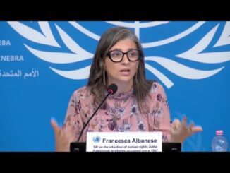 Francesca Albanese speaking at a UN event with logo backdrop.