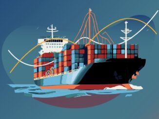 A large container ship sailing on the ocean.