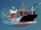 A large container ship sailing on the ocean.