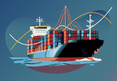 A large container ship sailing on the ocean.