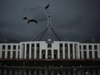 Birds flying over a dark, moody Parliament building at dusk.