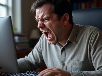 A man angrily shouting at his computer keyboard.
