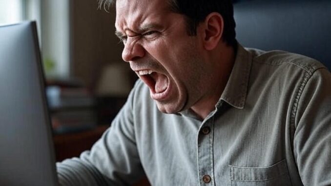 A man angrily shouting at his computer keyboard.
