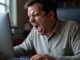A man angrily shouting at his computer keyboard.