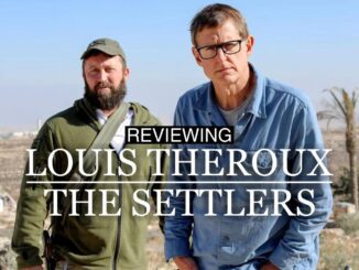 Two men reviewing 'Louis Theroux: The Settlers' outdoors.