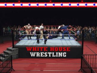 Wrestlers battle fiercely in a ring labeled 'White House Wrestling'.