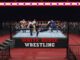 Wrestlers battle fiercely in a ring labeled 'White House Wrestling'.