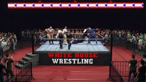 Wrestlers battle fiercely in a ring labeled 'White House Wrestling'. Wrestlers battle fiercely in a ring labeled 'White House Wrestling'.