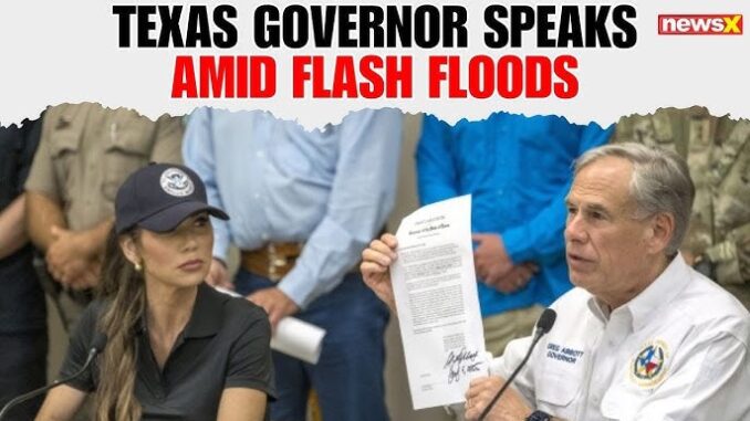 Texas governor speaks amid ongoing flash floods, holding a document while addressing concerns. Texas governor speaks amid ongoing flash floods, holding a document while addressing concerns.