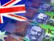 Australian flag overlaying Australian banknotes featuring historical figures.